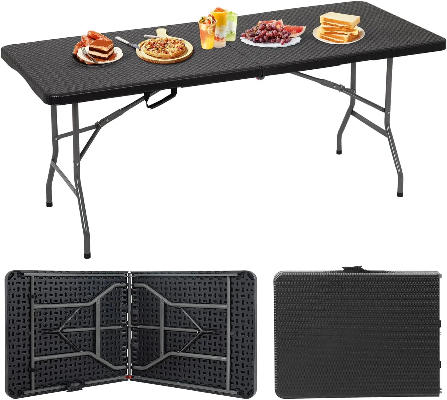 6FT Black Folding Camping Table Outdoor  Plastic Table Portable Square Height Dining Table Perfect for Picnics,Parties,Party and Camping,Black Ratten