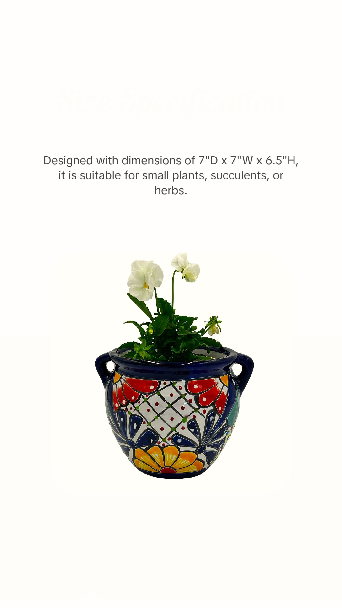 Michoacano Mexican Talavera Garden Pot - Dark Blue Trim