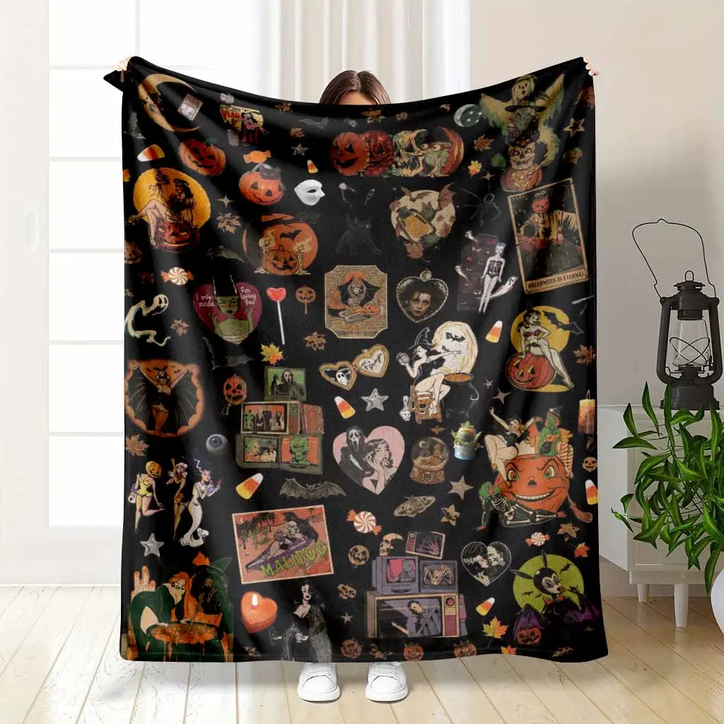 Vintage Halloween Elements Flannel Fleece Blanket, Retro Horror Movie Aesthetic Patterns, Ultra Soft Lightweight Cozy Throw for Spooky Season Home Decor, Travel Camping, Anniversary Gift