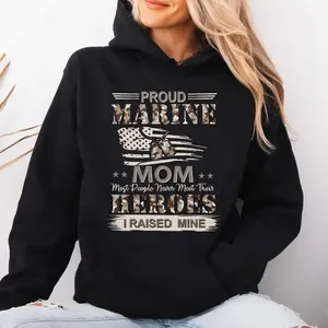 Proud Marine Mom Hoodie – USMC Family Pride Pullover, I Raised Mine Quote Hoodie, Camo American Flag Graphic, Patriotic Gift for Marine Moms