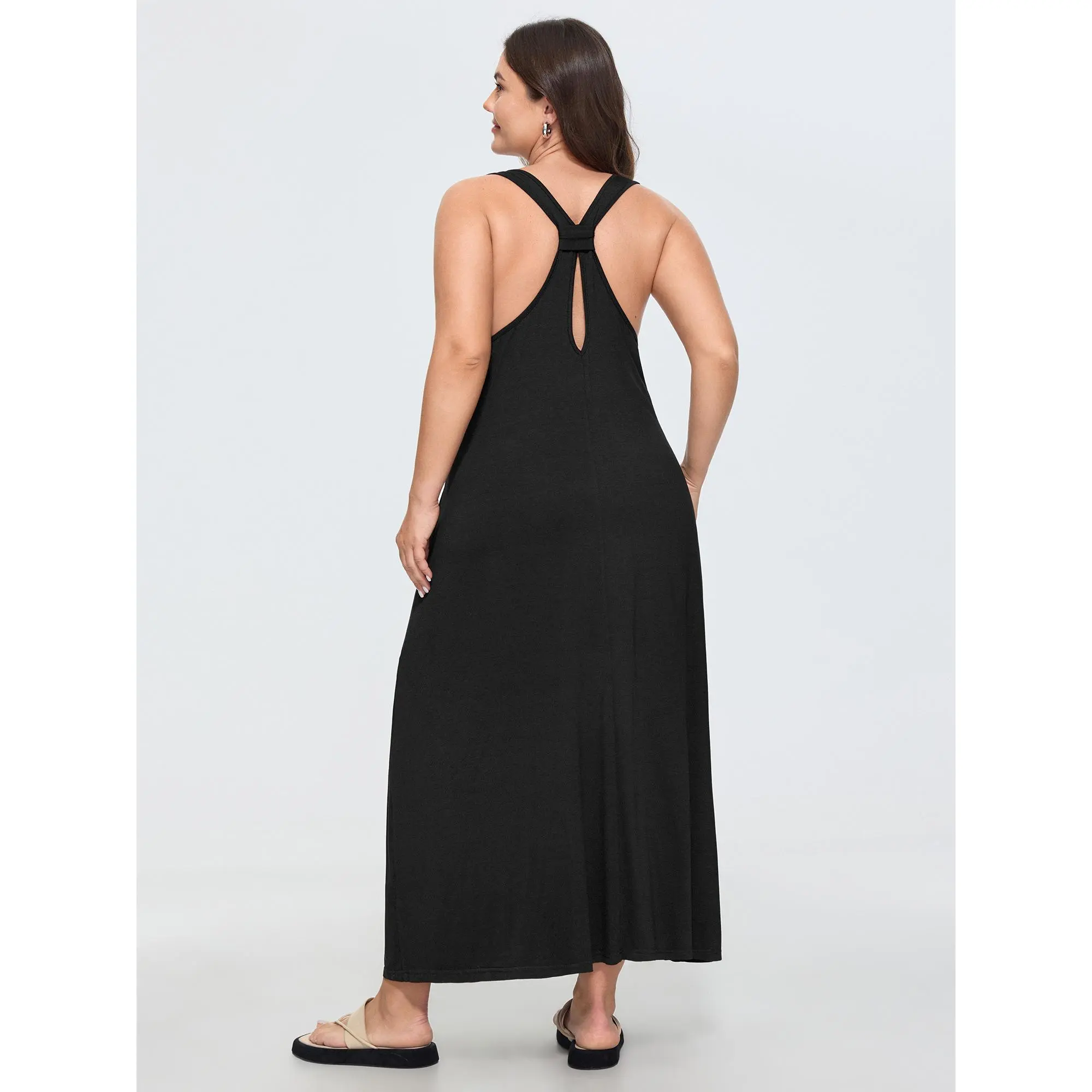 BloomChic Women's Plus Size Clothes Supersoft Stretchy Plain Maxi Dress - Casual Sleeveless Cold Shoulder, Spandex Blend, Rayon Blend, Side Pockets, Low Iron, Gentle Wash, Do Not Tumble Dry, Sizes 14-16/1X,18-20/2X, Long Length