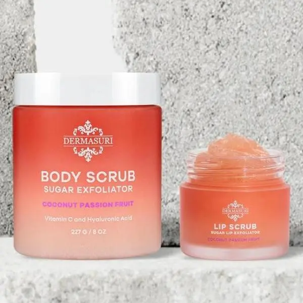 Dermasuri Sugar & Hyaluronic Acid Body & Lip Scrub Set, Natural Exfoliating Moisturizer for Smooth Skin & Radiant Lips, Coconut Passion Fruit, Non Toxic, Skin And Lips