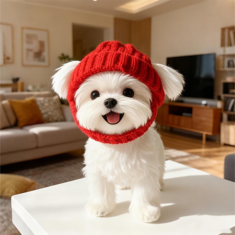 Maltese Dog Beanie Hat Cozy Red Winter with Ear Flaps Soft Knit Pet Hat for Small Dogs Indoor Outdoor Use Machine Washable Cute Dog Fashion Accessory Durable Pet Wear