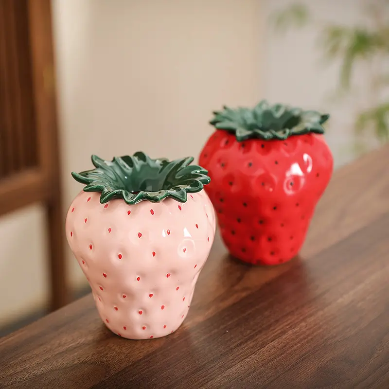 Nordic Style Strawberry Ceramic Ashtray for Home Living Room - Elegant Metal Accessories, Built-In Organizer, Document Holder Tube, Foldable Lighter, Pink & Red Options
