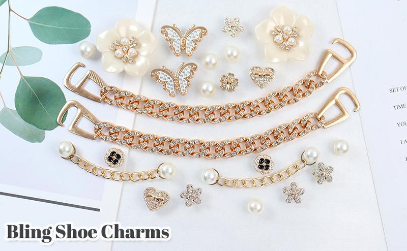 24 Pcs Bling Shoe Charms for Women with Flower Pearl Sparkling Chains & Unique Shapes DIY Accessories for Clog Rhinestone Shoes Chain Charm Cute Shoe Charms for Birthday Party