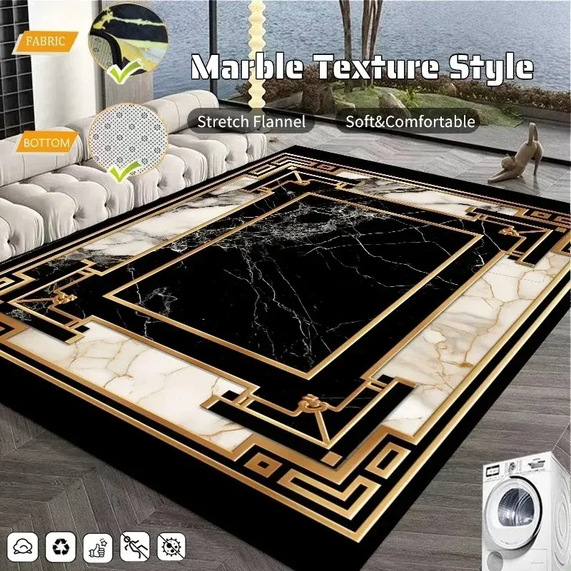 Luxury Black Gold Marble Flannel Area Rug, Decorative Rug, Rugs Living Room - Modern Greek Key Geometric Print Soft Mat for Living Room, Non-Slip Art Deco Home Decor