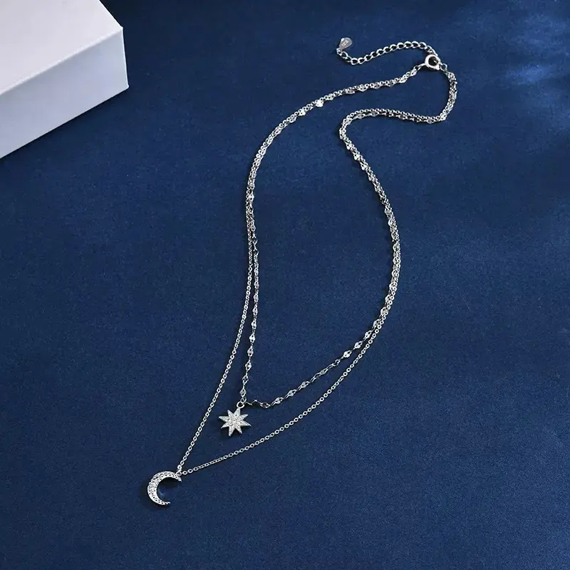 Women's Elegant Adjustable Double-Layer Silver-Finish Alloy Charm Dangle Necklace - 41cm Chain, Star & Moon Pendants, Bling Decorative Long Dangling Adjustable Pendants Necklace, Daily Accessory & Valentine's Day Gift, Charm Dangle Necklaces, Long Danglin