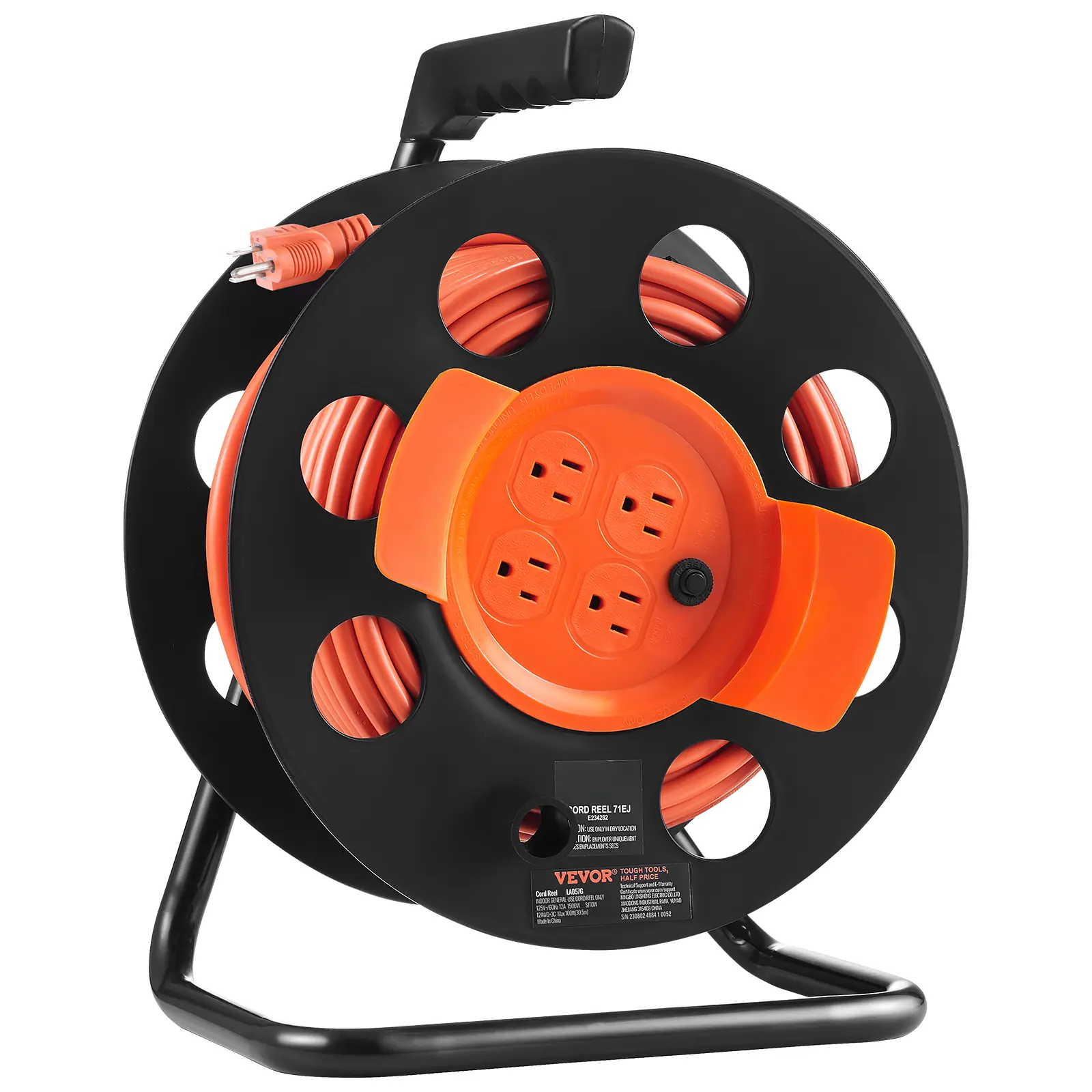 VEVOR 100 ft Manual Extension Cord Reel - 12/14 AWG SJTOW Wire Safe Waterproof, 4 Power Outlets, Dust Covers, Portable Handle Carry Ease, Circuit Breaker Overheat Protect, Metal Stand, Easy Pulling & Retraction, 15A, UL Tested, for Garage, Outdoor Use, Wa