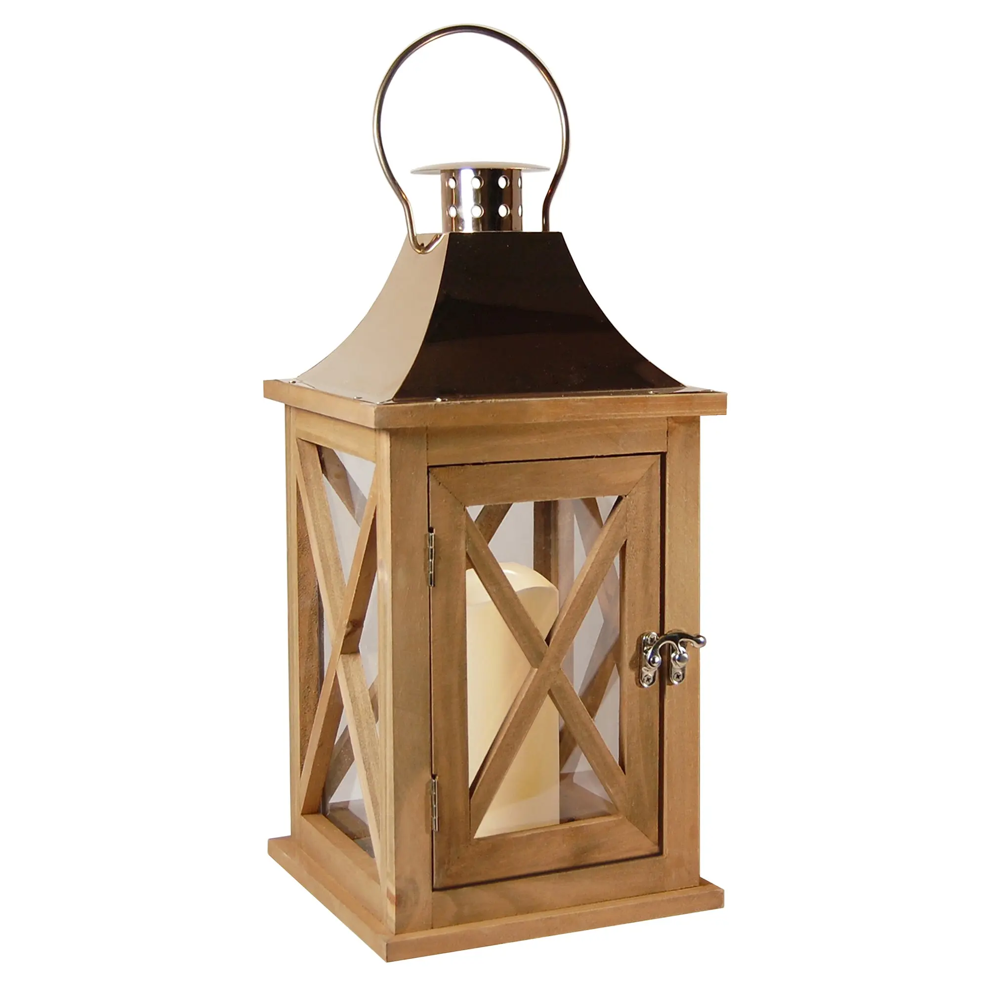 LumaBase 6in Wooden Glass Lantern Lamp - Battery-Operated Flameless LED Candle, Natural Copper Metal Roof, Timer Switch, Removable Hanging Ambient Casual Warm Home Decor Candle Holder (Batteries Not Included)