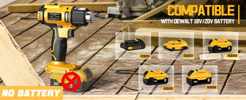 Cordless Heat Gun Compatible with Dewalt 20V Battery(No Battery!!), 350W 122℉-1022℉ Fast Heating Soldering Hot Air Gun with 5 Nozzles for DIY Craft, Shrink Tubing Cordless Heat Gun Compatible with Dewalt 20V Battery(No Battery!!), 350W 122℉-1022℉ Fast Heating Soldering Hot Air Gun with 5 Nozzles for DIY Craft, Shrink Tubing