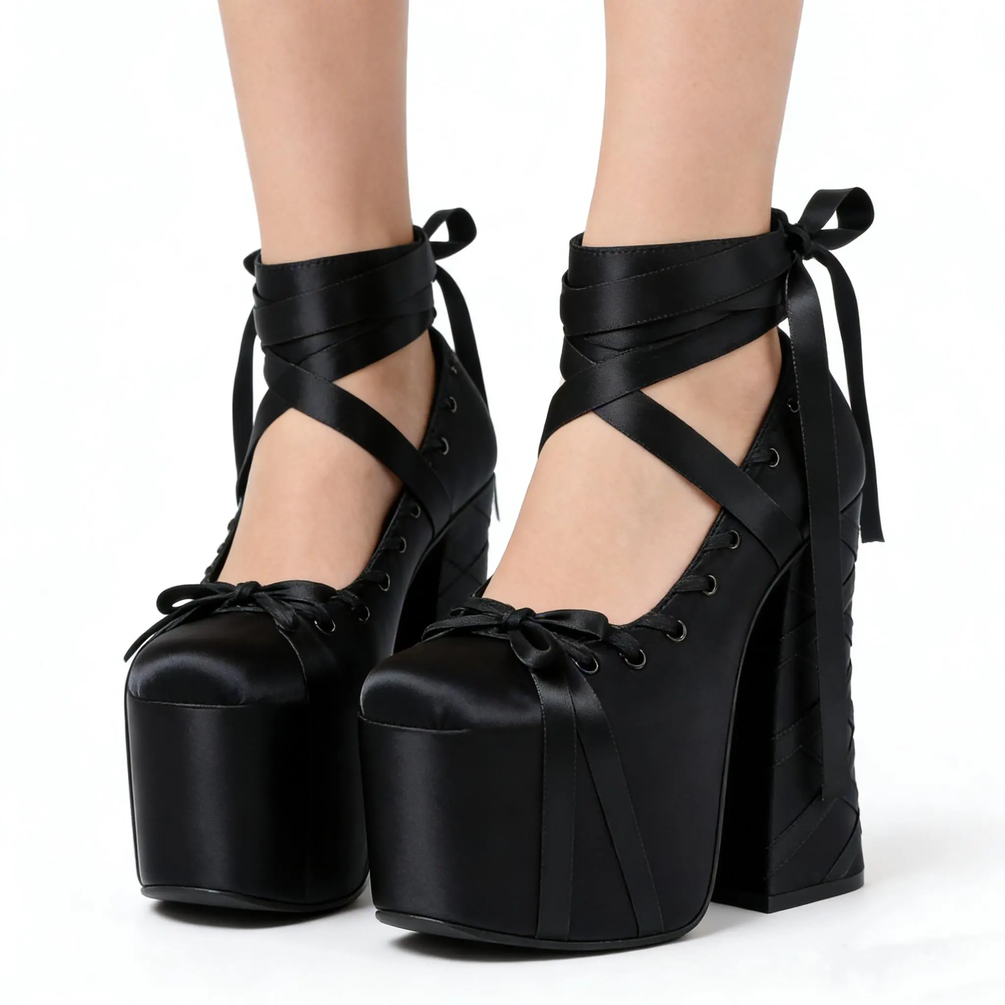 Women’s Y2K Dollcore Platform Heels Ribbon Wrap Chunky High Heels