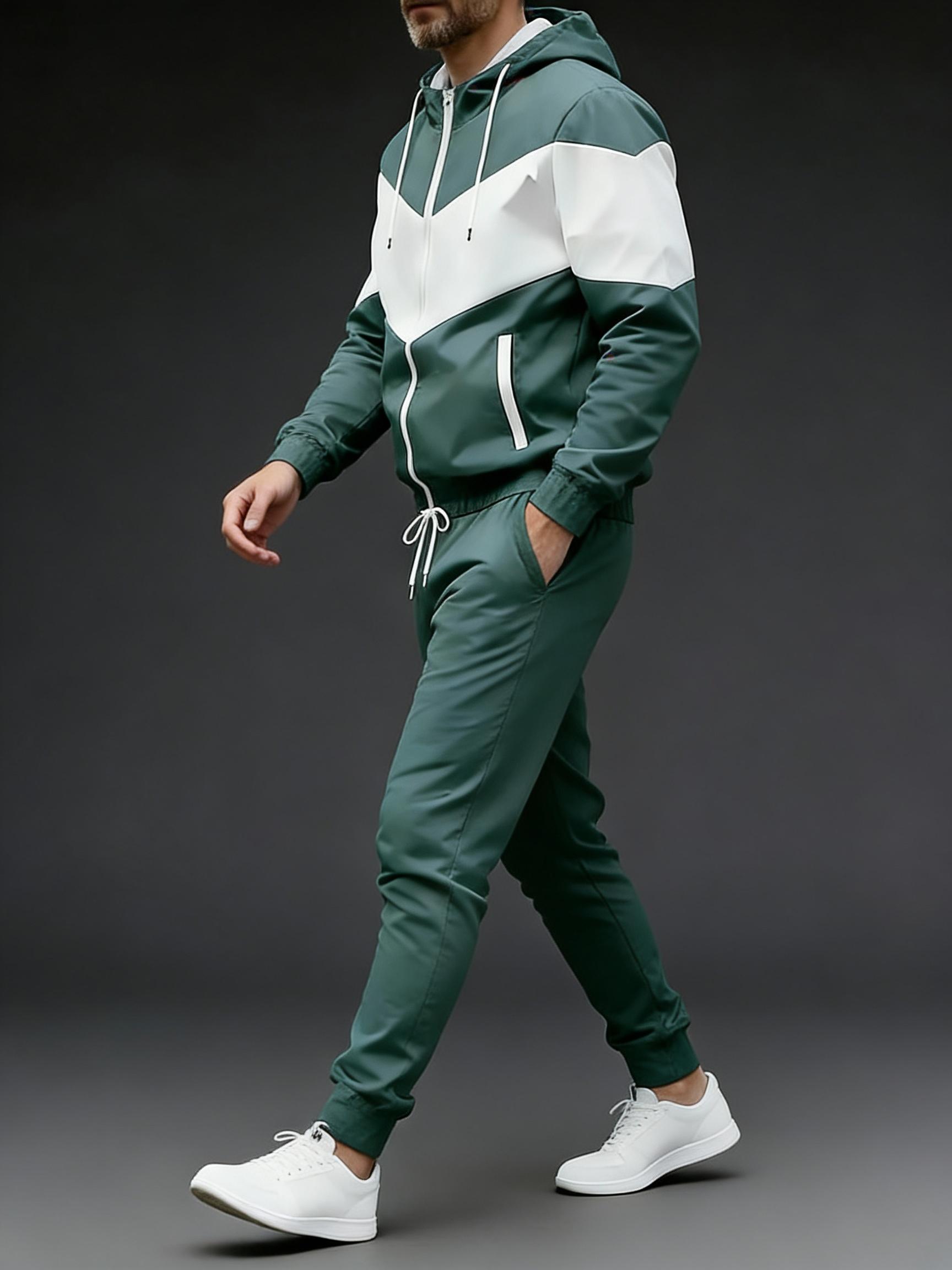 Stylish Contrast Color Block Tracksuit for Men Full Zip Hooded 2-Piece Casual Sportswear for Daily Leisure Activities Blue & White