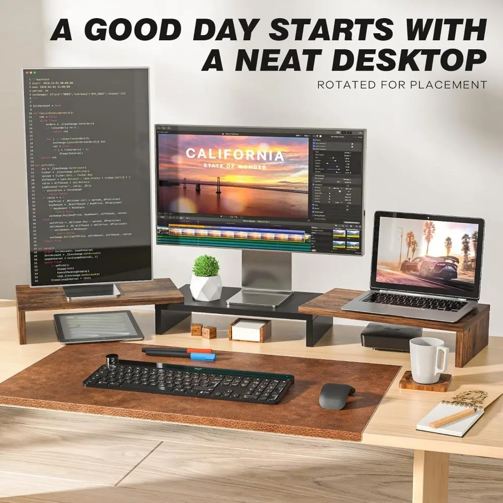 5Rcom Dual Monitor Stand Riser for Desk, Computer Monitor Stands for 2 Monitors with 48.2" Adjustable Length And Angle, Multifunctional Computer Stand for Desk Organizer for Laptop Desktop, Brown