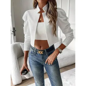 Solid Open Front Crop Jacket, Elegant Leg Of Mutton Sleeve Jacket For Spring & Fall, Women's Clothing