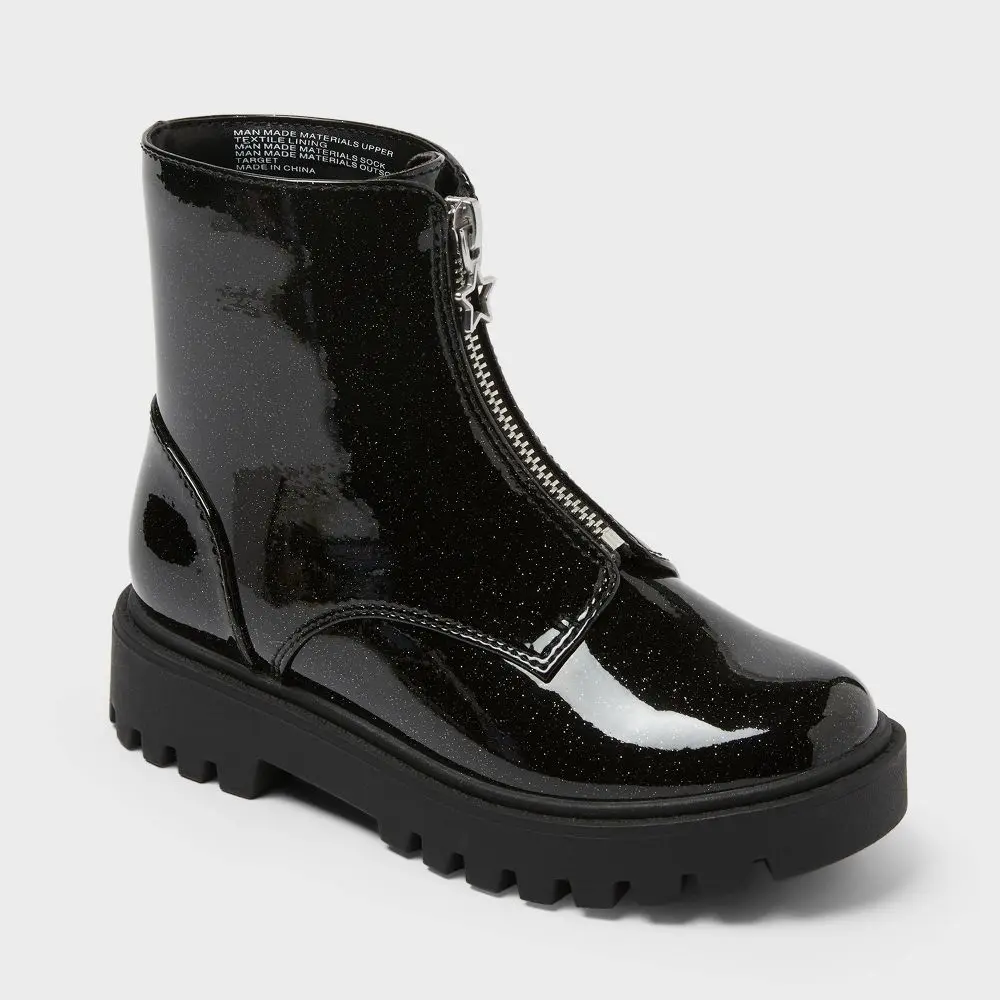 Girls' Art Class Myra Chelsea Footwear Boot - Black Synthetic (94% Polyester-6% Polyurethane) Faux Patent Leather, Speckled Finish, Unique Fastening Star Zipper Detail, 5" Shaft - Party Wear