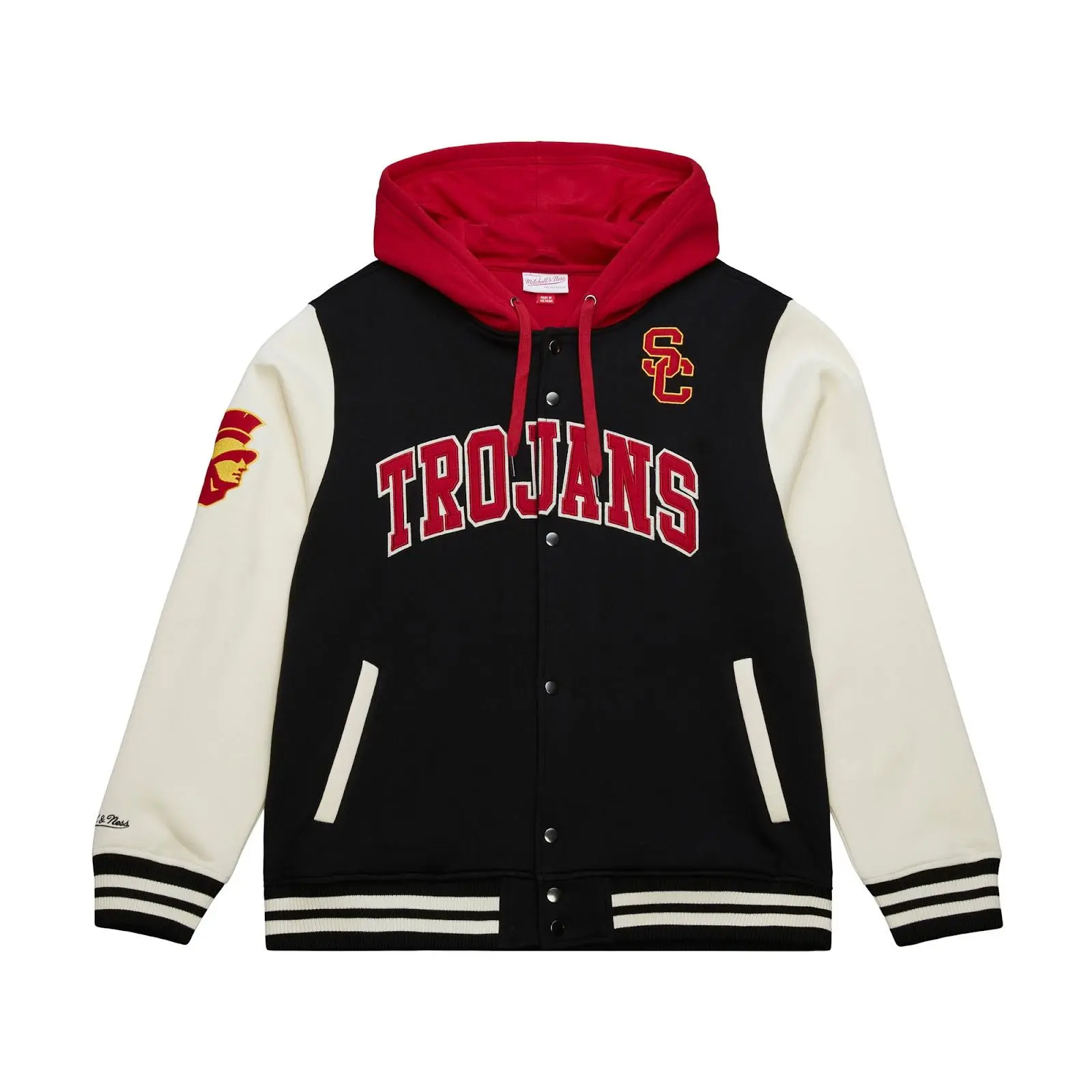 Mitchell & Ness Men's Black USC Trojans Sideline Fleece Jacket, Casual Wear, Regular Fit, Graphic Print, Full-Snap Buttons