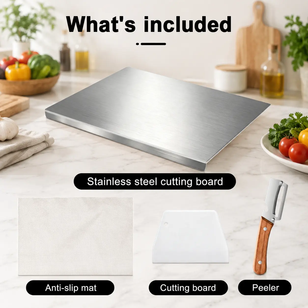 Large Stainless Steel Cutting Boards for Kitchen, Cutting Board with Counter Lip, Cutting Board with Peeler, Cutting Board with Silicone Mat for Meat, Fruits, Vegetables, Bread 60x40cm