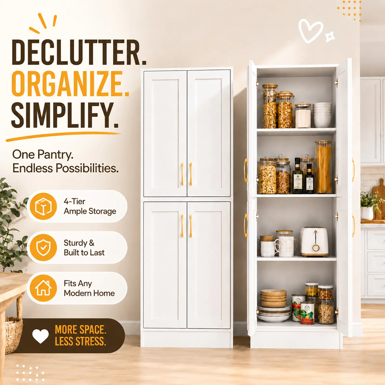 Space-Saving Pantry Upgrade, 67" Tall White Kitchen Pantry Storage Cabinet with Doors, Gold Handles, 2 Adjustable Shelves for Kitchen, Dining Room, Laundry Room