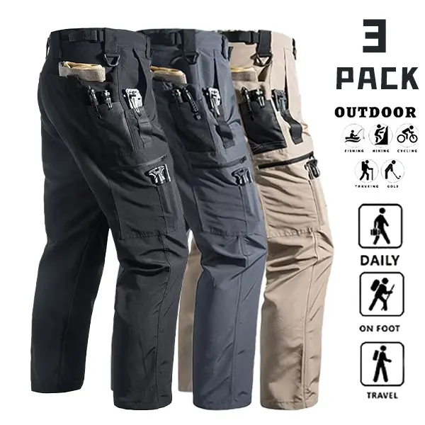 Men's 3-Pack Tactical Cargo Trousers, Waterproof Polyester Straight-Leg with Zip Pockets for Outdoor Work and Fishing, Menswear, Set, Male Clothing, Work Pants