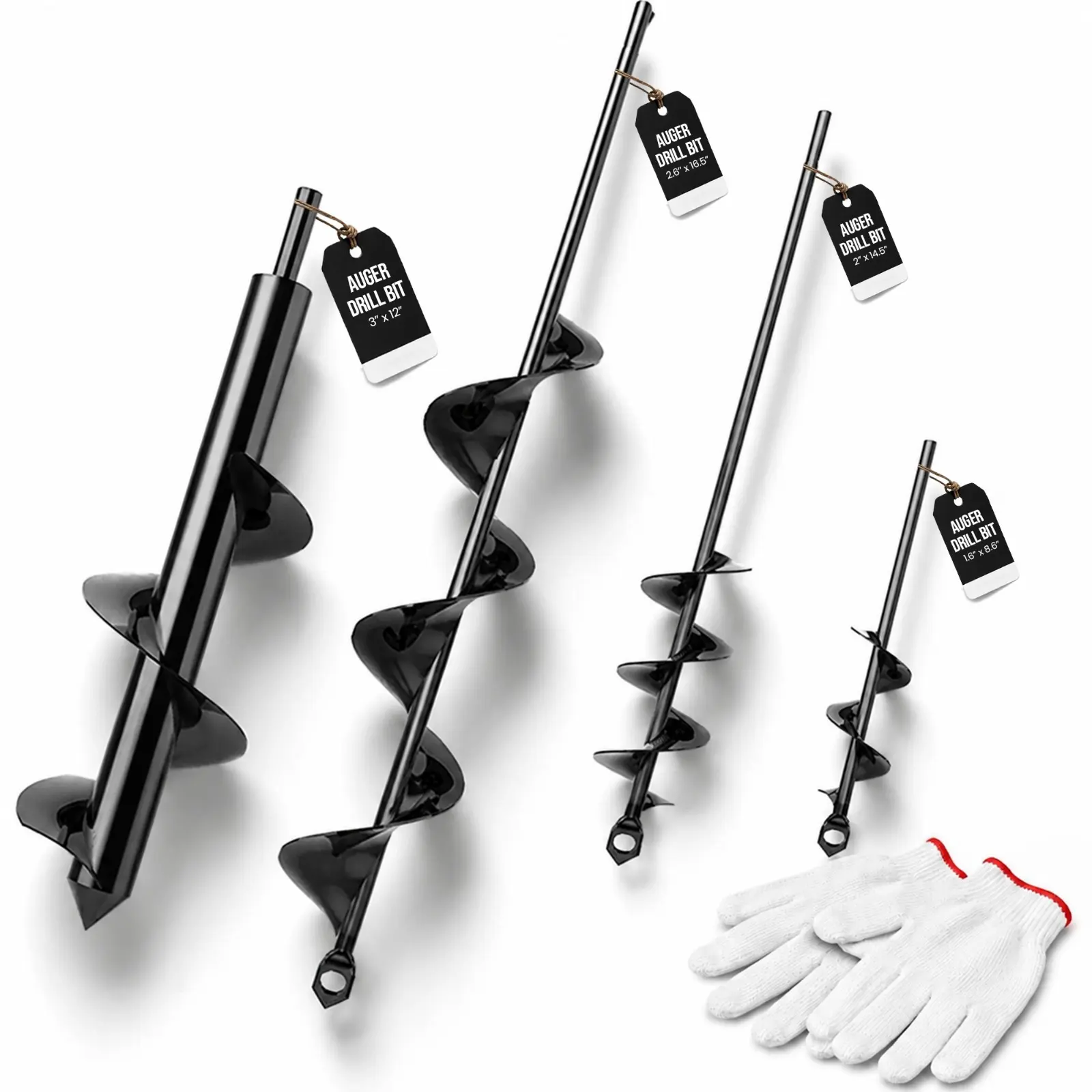 Post Hole Diggers, 4pk Auger Drill Bit for Planting with Gloves - Heavy Duty Garden Spiral and Bulb Planter Tool for Digging Holes - Compatible with 3/8 Inch Hex Drive (1.6 x 8.6 + 3 x 12 + 2 x 14.5 + 2.6 x 16.5 Inch)