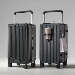 【MY】Multifunctional Suitcase  | Wide durable luggage case with a hard shell and front-opening design, featuring a USB charging port, omnidirectional wheels, and a cup holder for back-to-school season, travel, and business trips - MY6608