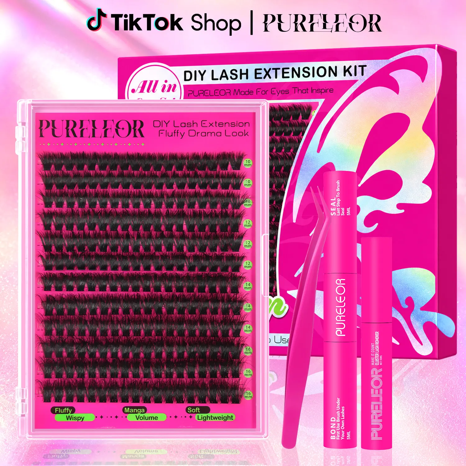 PURELEOR Lash Clusters Kit or Single Box Eyelashes D-Curl Individual Lashes Extensions with/without Glue Remover and Tweezers Mixed 10-12-14-16mm Friendly for Beginners Quick Makeup Backtoschool