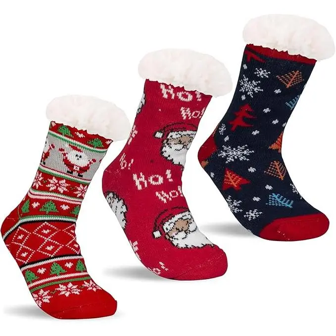 3 Pairs Fuzzy Slipper Socks Winter Warm Soft Fleece Lined Non Skid