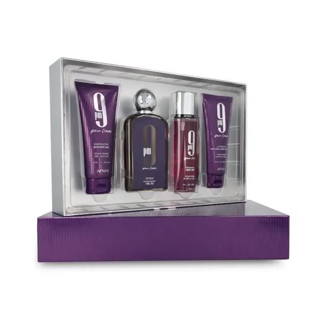 Afnan 9 Pm Purple Pour Femme 4 Pc Set 3.4 Oz + 3.4 S/G + 5 Oz Body Mist + 3.4 Oz B/L