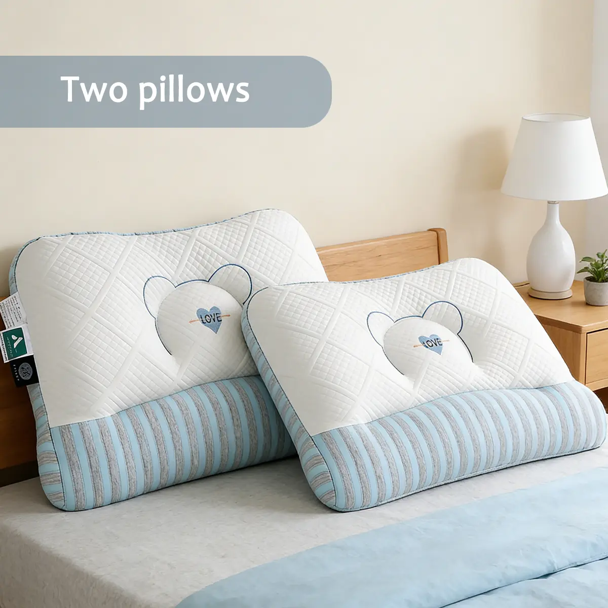 2 Pack Blue & Gray Striped Polyester Pillows - Fluffy, Ergonomic, Durable, Neck Support, Hand Wash Only for Cozy Sleep