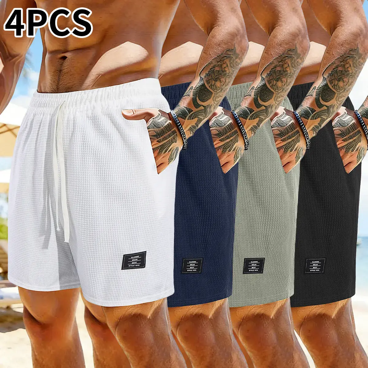 Pack of 4 corduroy shorts, solid color, men’s casual shorts with side pockets and a drawstring elastic waistband, suitable for everyday wear and vacations, beige, men’s shorts, Menswear