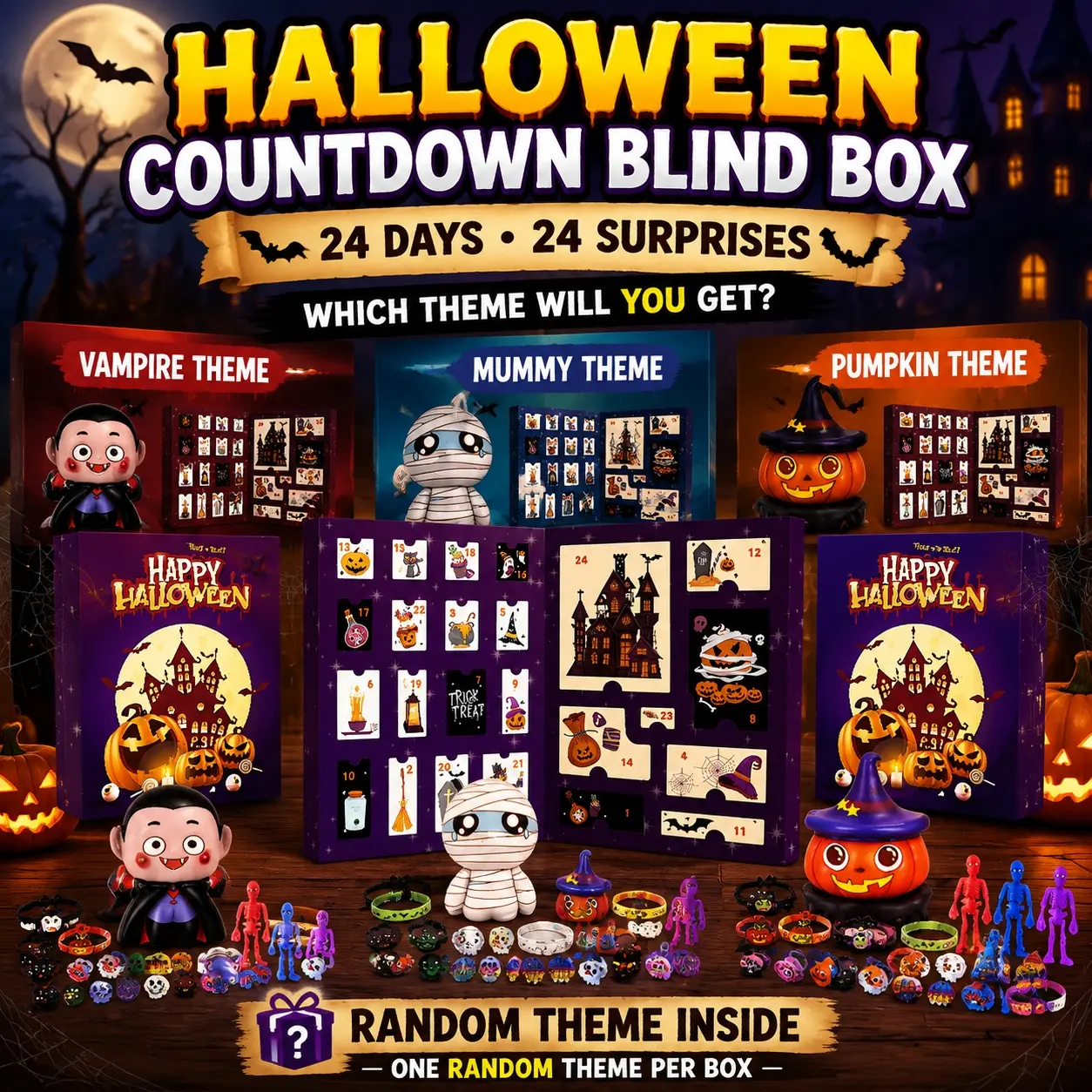 Halloween 24 Days Countdown Blind Box, Mystery Surprise Advent Calendar, Random Vampire Mummy Pumpkin Three Theme Collection, Daily Halloween Surprise Gift