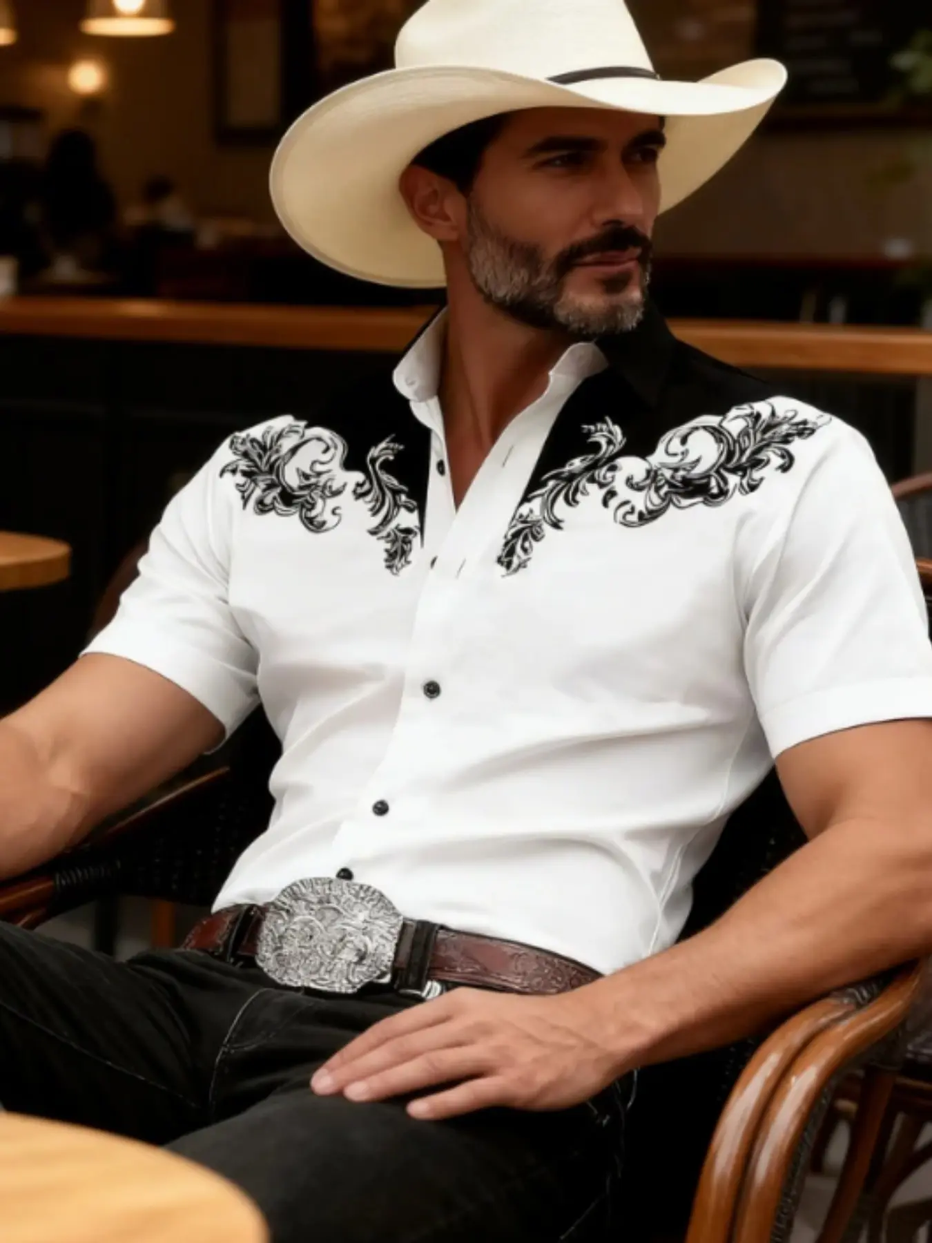 Men's Western Cowboy Classic Style Print Short Sleeve Shirt, Vintage Button-Up, Casual Comfy Collared, Multiple Colors, Ideal for Rodeo, Casual, Parties
