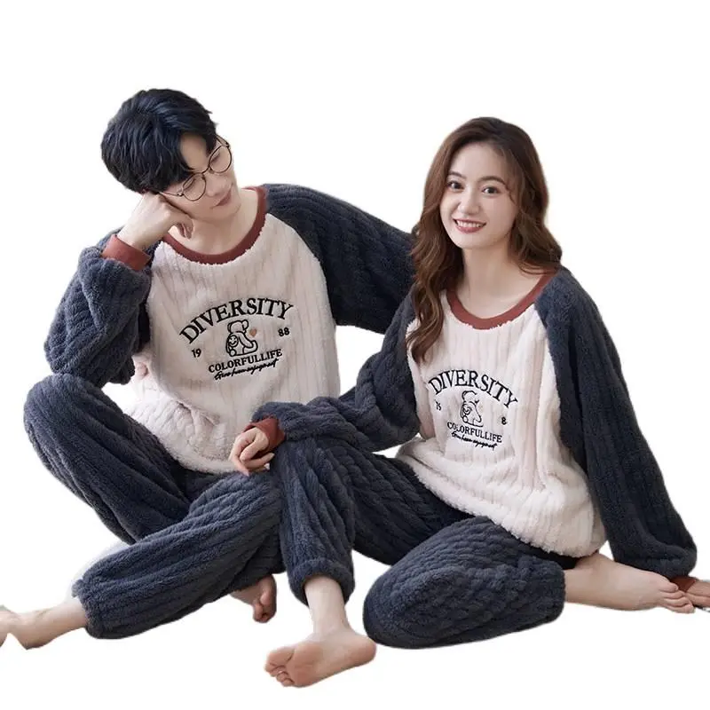 Men's 3XL Loose Flannel Oversized & Women's Coral Fleece Long Sleeve Baggy Plus Size Couples' 2-Piece Winter Sleepwear Set - Extra Warm, Comfortable, Casual Indoor Loungewear Essential, Extra Warmth, Indoors