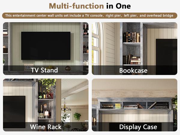【Ships in 2 Boxes】AMERLIFE Farmhouse 98" Wall Unit TV Stand with Storage Cabinets for TVs up to 78", Large Entertainment Center with Bookshelves & Power Outlets, Wine Display Cabinet with Barn Door, Living Room