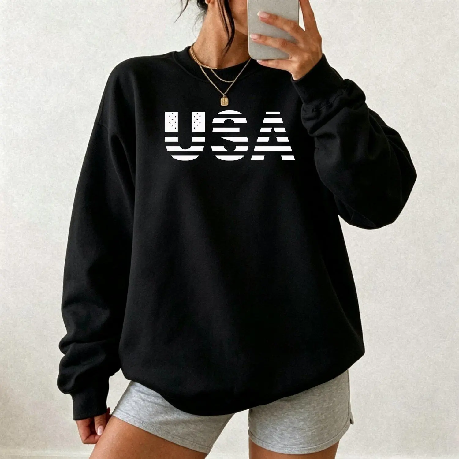 Womens Sweatshirts Streetwear USA Flag Print Crewneck Slim Fit Casual Tops Pullover Trendy Athletic Outerwear