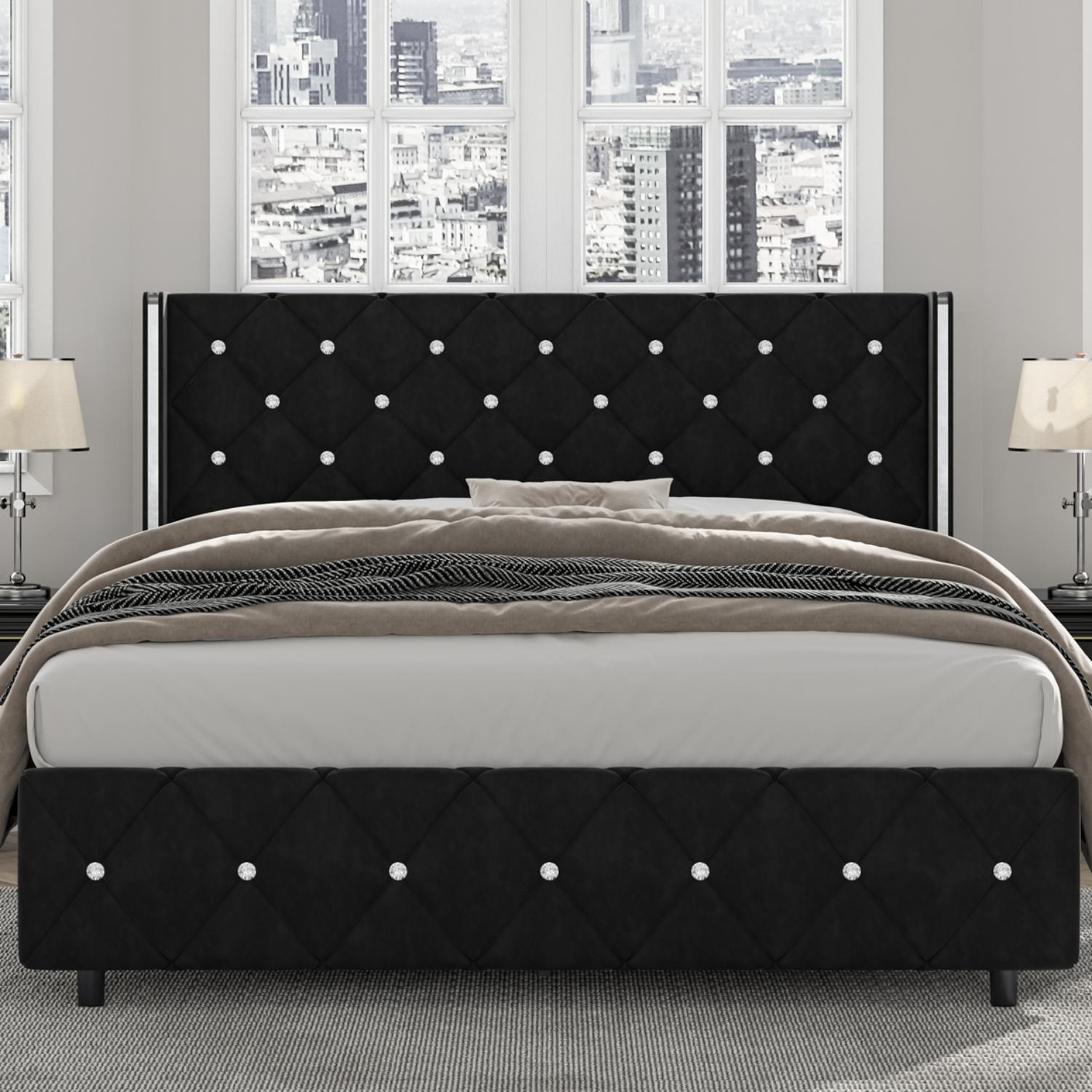 HOMBCK Bed Frame, No Mattress, Upholstered Platform Bed Frame with Wingback Diamond Tufted Headboard