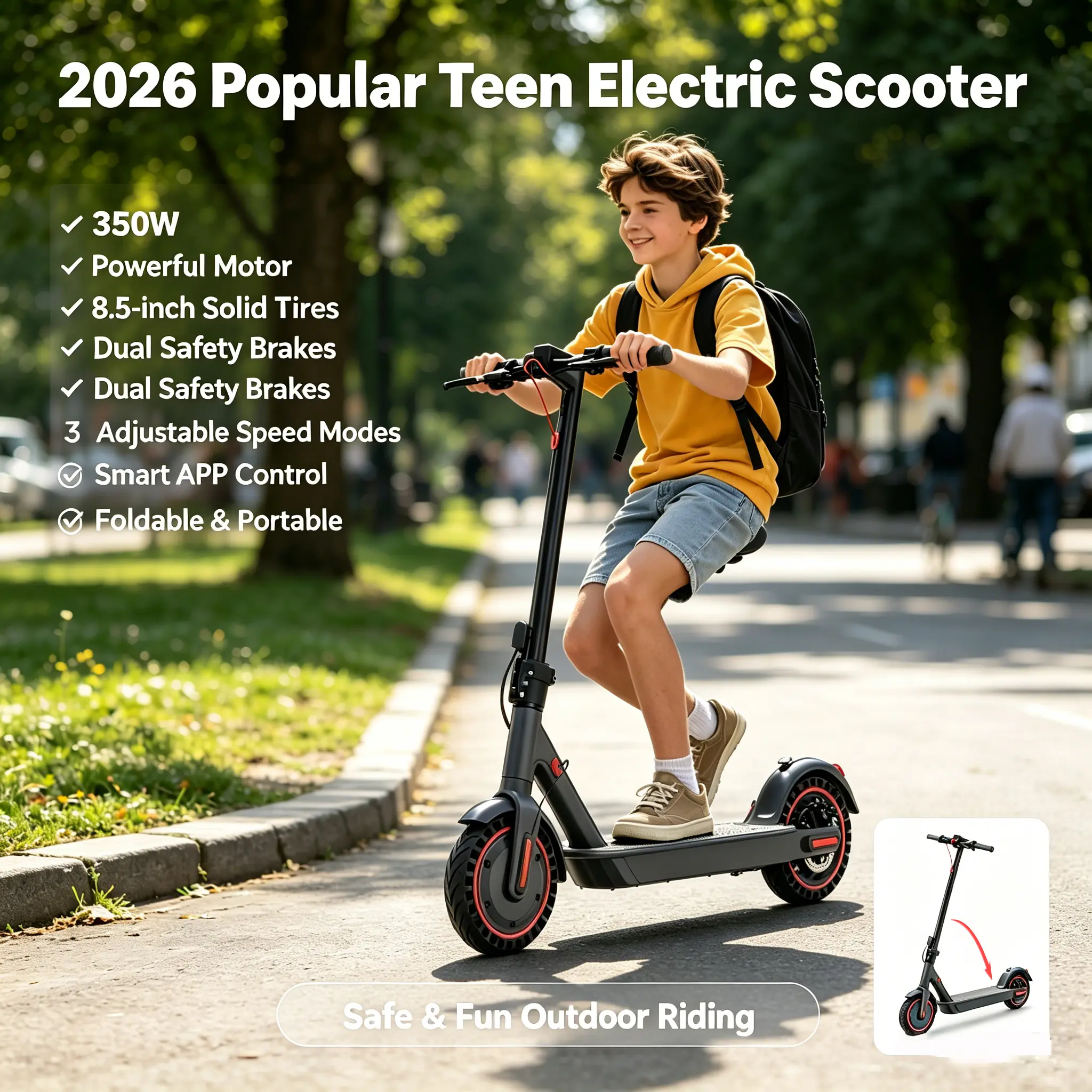 Compact Foldable Electric Scooter for Teens - Motorized Scooters with 350W Motor, 8.5" Honeycomb Tire, 3 Adjustable Speed Modes, Smart APP Control, Dual Brakes & Lights - Cool Outdoor Gadgets, Teenage Boy Gifts, Lightweight Body, School Commute, 350W Powe