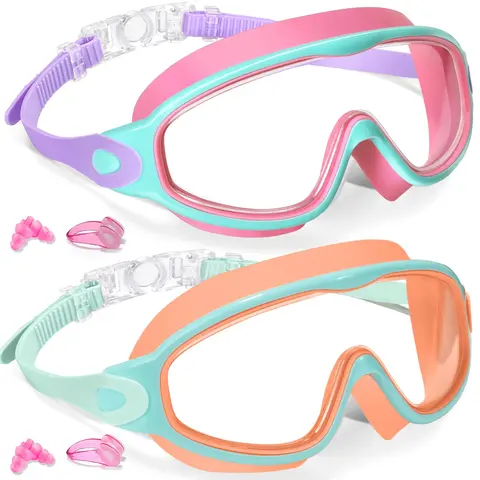 2-Pack Swim Glasses, Anti-Fog Lens Water Goggles with Noseclip, Earplugs & Wide View, UV Protection, Adjustable Straps for Kids (3-15) & Adults for Swimming Sports, Mirrored Goggles Option
