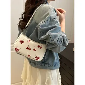 New Women's Minimalist Cherry-Patterned Zipper Handbag Shoulder Bag, a Stylish and Versatile Underarm Bag, and an All-Match Hobo Dumpling Bag for Daily Use