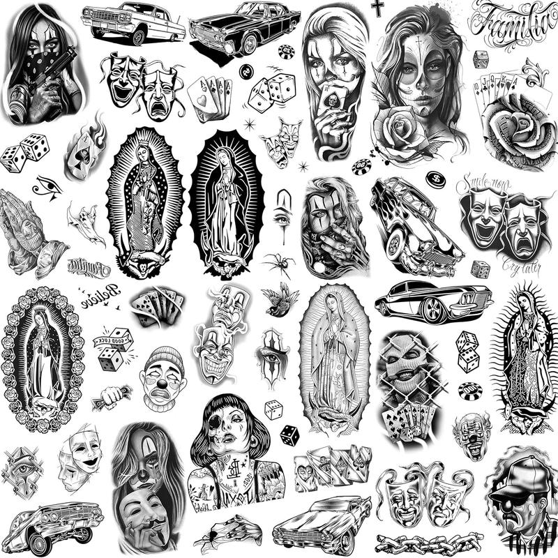 6 Sheets Large Chicano Temporary Tattoos For Men Women Adult, Chicana Guadalupe Gangster Fake Tattoos Prisoner Day of the Dead, Mexico Tattoo Stickers, Tatuajes Temporales Autocolante sticker tattoo sleeve rising sun tattoo