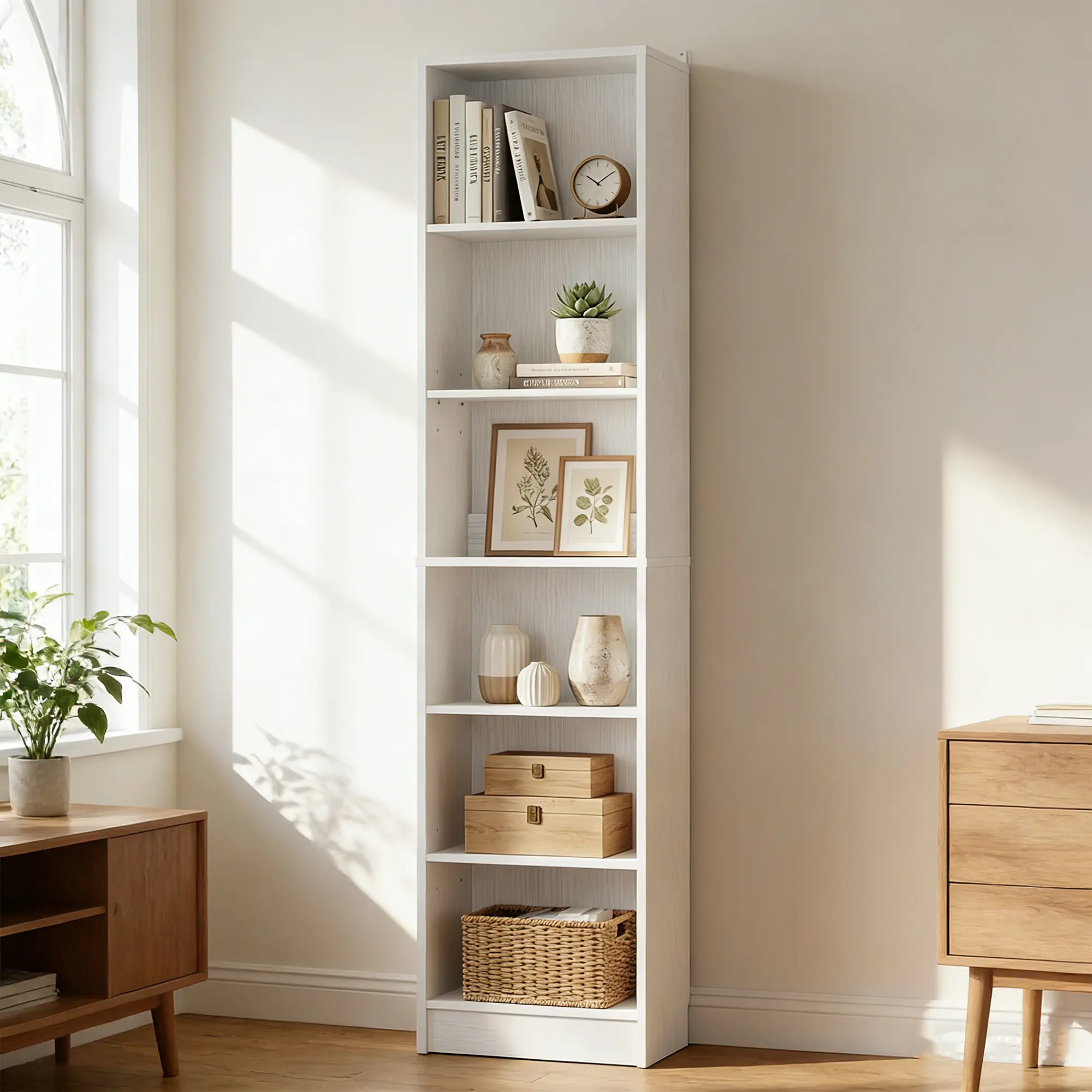 6-Tier Narrow Bookshelf with 2 Adjustable Shelves - 80"H Modern Room Storage Cabinet Etagere for Collectibles, Living Room, Office
