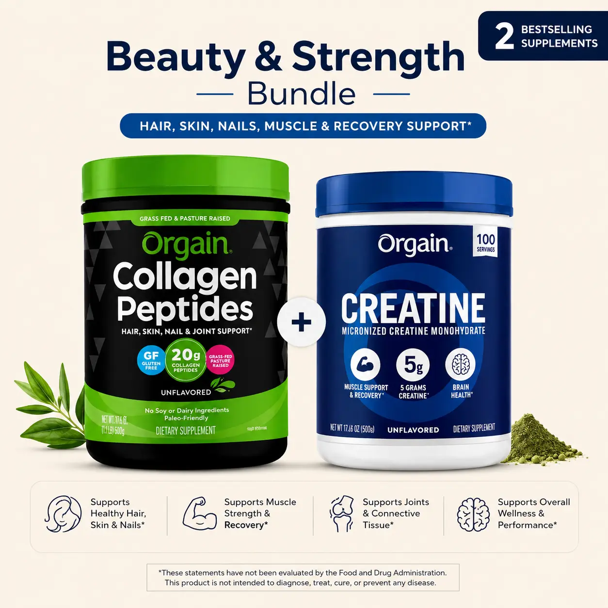 Orgain Beauty & Strength Bundle | Grass-Fed Collagen Peptides (20g) + Creatine Monohydrate (5g) | Unflavored Wellness & Performance Support