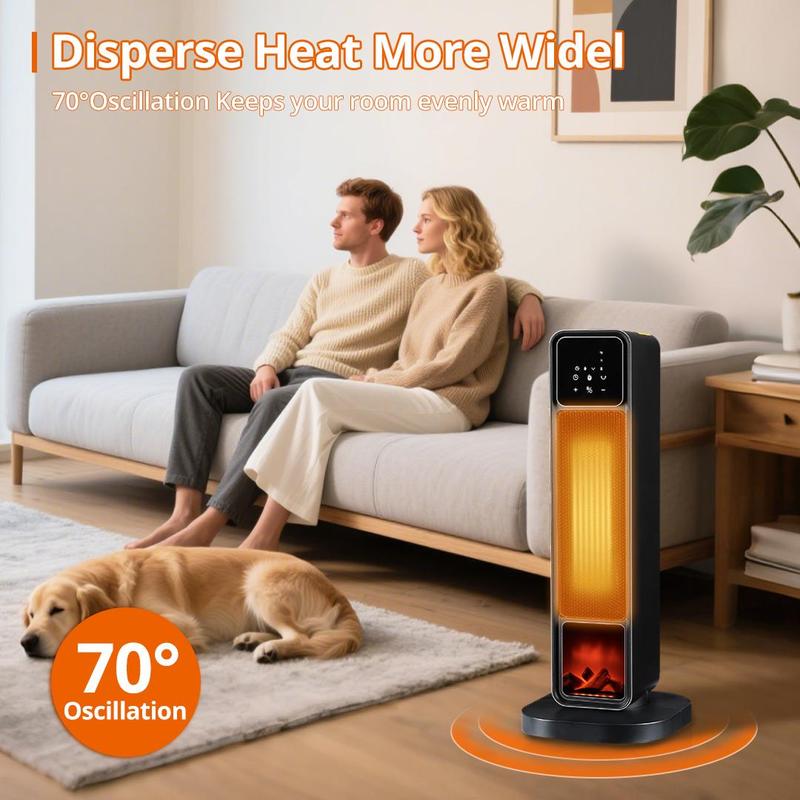 Space Heaters for Indoor Use 1500W PTC Electric Fireplace Heater with 90° Oscillation Child Lock Tip-over Protection Eco Mode 12h Timer Remote Control 3D Flame Effect Home & Office Heating System