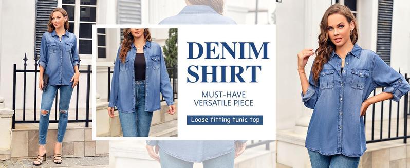 Imily Bela Womens Spring Summer Button Down Denim Shirt Long Sleeve Roll Up Casual Oversized Jean Shirt Jacket Distressed Tunic Tops