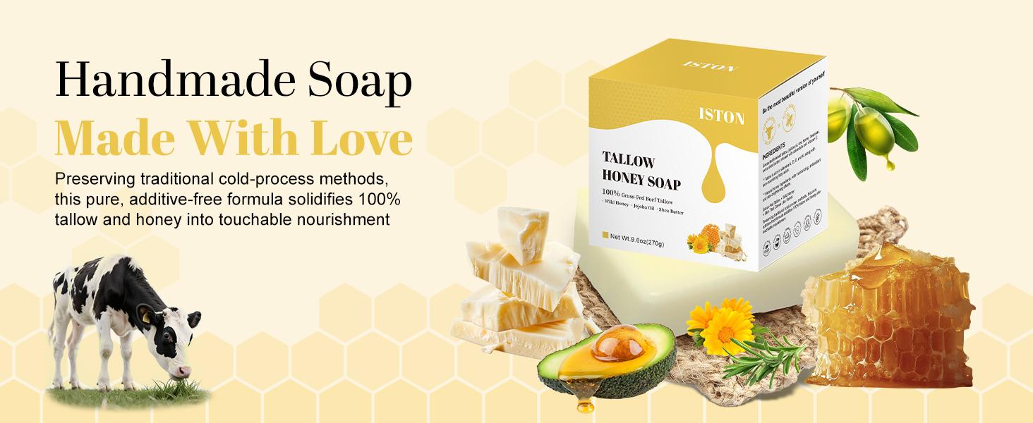 ISTON 3-Pack Handmade Tallow & Honey Soap,9.6OZ – Unscented, Orange, Lavender – 100% Grass-Fed Tallow – Natural Skincare for Sensitive Skin, Acne, Eczema, Inflammation, Baby Soap Gentle Clean & Nourish,New Year's gifts