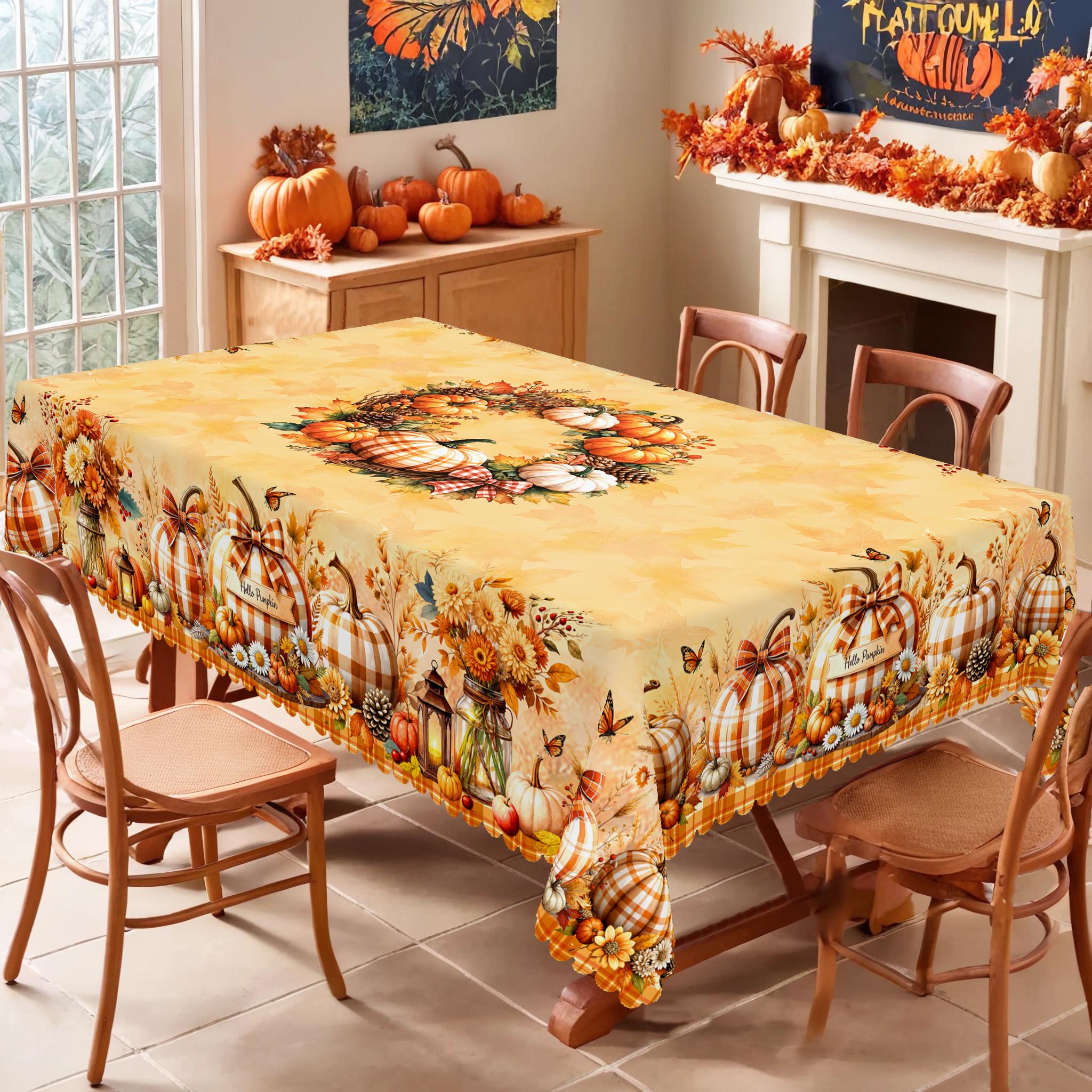 PLUMLIK Vibrant Fall Tablecloth with Buffalo Plaid Pumpkin Sunflower Patterns, Autumn Yellow Rectangular Round Table Cover Suitable for Thanksgiving Day Holiday Party, Indoor Outdoor Decor, Farmhouse Harvest Table Decoration, Home Kitchen Festive Decor
