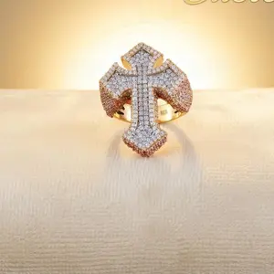 King of Bling's Men's Yellow Cross 925 Sterling Silver 5.50ct VVS D Moissanite Rings Size 10