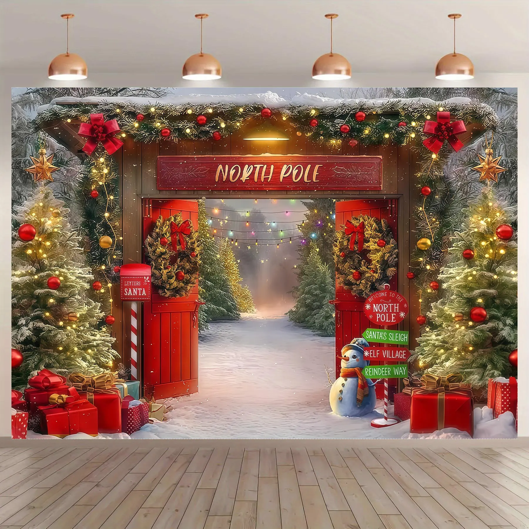 Large Christmas Backdrop Banner Set - Magical Santa's Home Winter Wonderland Design with Snowy Pathways, Decorated Trees, Red Doors - Wrinkle-Free Polyester Photo Background, Machine Washable Home & Festive Party Supply, Party Setup