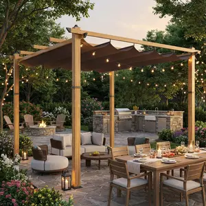 10 x 10 ft Wood-Grain Aluminum Pergola Outdoor Pergola with Retractable Canopy, Heavy Duty Metal Gazebo Frame Gazebo,BBQ Canopy for Outdoor Patio,Backyard Deck, Garden, Grape Trellis