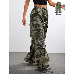 Women'S Wide-Leg Cargo  with Drawstring Waist - Black and White Camouflage Print, Adjustable Waistband, All-Season Casual Wear, Casual Attire |   Relaxed Fit  |   Drawstring Waistband pants